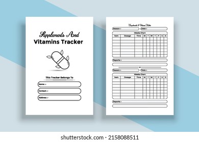 Supplement and vitamin notebook interior. Patient regular medicine information checker notepad interior. Interior of a journal. Supplement and vitamin list tracker and scheduling logbook template.