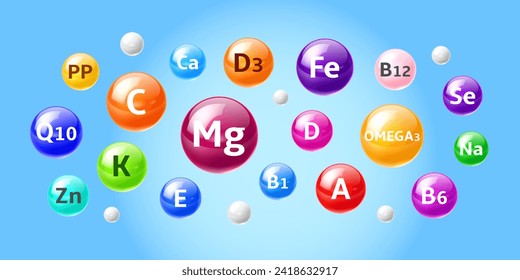 Supplement vitamins and minerals colorful 3d vector balls suspended midair. PP, Q10, C and K. Zn, E, Mg, Ca and D3, Fe, D, B1 and B12. A, Omega 3, Se, Na and B6 microelement capsules or glossy bubbles