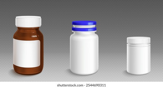 Supplement white plastic bottle and brown glass jar mockup with empty space for brand name. Realistic 3d vector illustration set of pill and vitamin package. Blank template of medicine container.