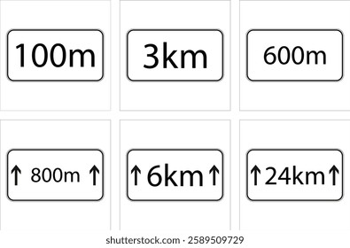 Supplemental directional plaques for road signs showing distances in kilometers and meters with double arrows.