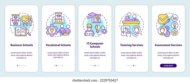 Supplemental education service providers onboarding mobile app screen. Walkthrough 5 steps editable graphic instructions with linear concepts. UI, UX, GUI template. Myriad Pro-Bold, Regular fonts used