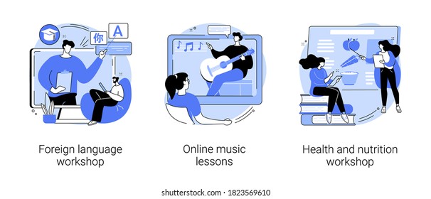 Supplementary education abstract concept vector illustration set. Foreign language workshop, online music lesson, health and nutrition workshop, native speaker course, learn cooking abstract metaphor.