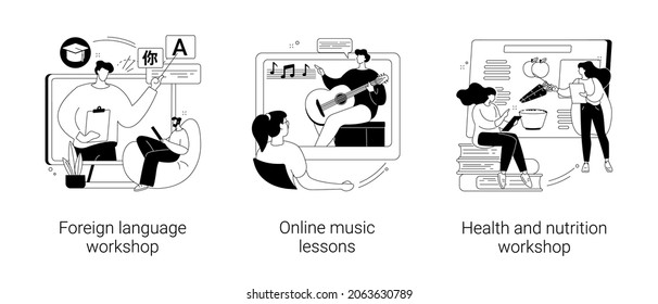 Supplementary education abstract concept vector illustration set. Foreign language workshop, online music lesson, health and nutrition workshop, native speaker course, learn cooking abstract metaphor.