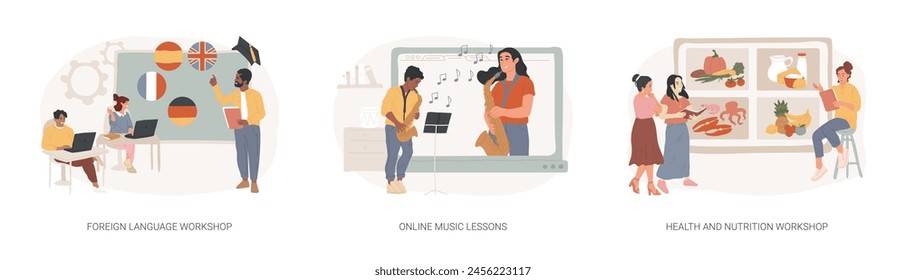 Supplementary education isolated concept vector illustration set. Foreign language workshop, online music lesson, health and nutrition workshop, native speaker course, learn cooking vector concept.