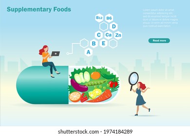 Supplementary foods with fresh fruits and vegetable in capsule and vitamin icons. Idea for balancing proper nutrition foods in appropriate porportion. Healthy diet nutrition concept