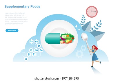 Supplementary foods with fresh fruits and vegetable in capsule and vitamin icons. Idea for balancing proper nutrition foods in appropriate porportion. On time pills and healthy diet nutrition concept