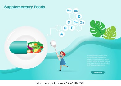 Supplementary foods with fresh fruits and vegetable in capsule and vitamin icons. Idea for balancing proper nutrition foods in appropriate porportion. Healthy diet nutrition concept