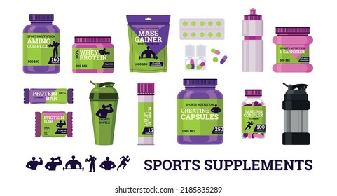 Complementos para personas atléticas - vitaminas, barras proteicas, creatinina, ilustración vectorial plana aislada en blanco. Conjunto de paquetes de productos nutritivos saludables. Complementos de ganancia muscular para entrenamientos.