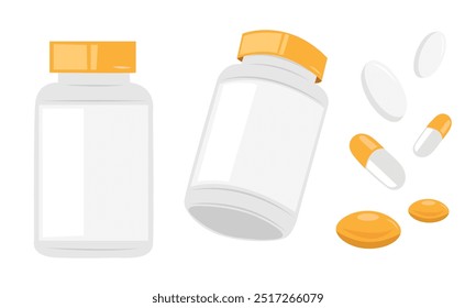 Botella de suplementos, tarro de plástico, cápsulas, cápsulas blandas y pastillas. Ilustraciones vectoriales planas aisladas sobre fondo blanco 