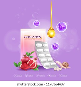Supplements or Collagen and Vitamins Extraction Background for Beauty Products.