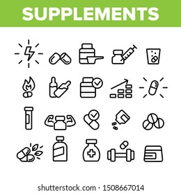 Supplements Collection Elements Icons Set Vector Thin Line. Sportsman Plastic Container With Protein, Vitamin, Full Stack Bio Supplements Concept Linear Pictograms. Monochrome Contour Illustrations