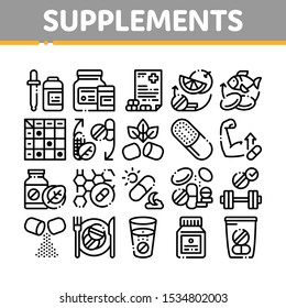 Supplements Collection Elements Icons Set Vector Thin Line. Pills And Drugs, Plastic Container With Dropper Bio Healthcare Supplements Concept Linear Pictograms. Monochrome Contour Illustrations