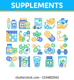 Supplements Collection Elements Icons Set Vector Thin Line. Pills And Drugs, Plastic Container With Dropper Bio Healthcare Supplements Concept Linear Pictograms. Color Contour Illustrations