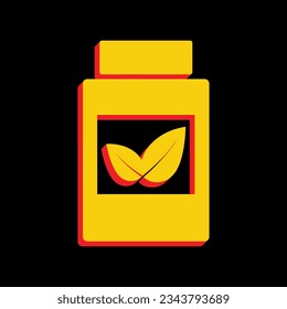 Supplements container sign. 3D Extruded Yellow Icon with Red Sides a Black background. Illustration.