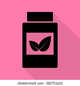 Supplements container sign. Black icon with flat style shadow path on pink background.
