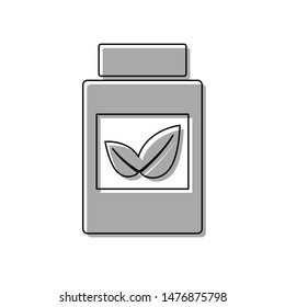Supplements container sign. Black line icon with gray shifted flat filled icon on white background. Illustration.