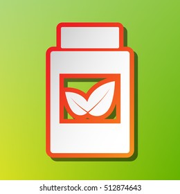 Supplements container sign. Contrast icon with reddish stroke on green backgound.