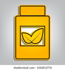 Supplements container sign. Flat orange icon with overlapping linear black icon with gray shadow at whitish background. Illustration.