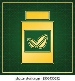 Supplements container sign. Golden icon with gold contour at dark green gridded background. Illustration.