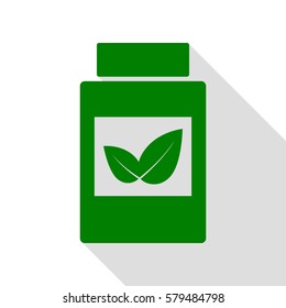 Supplements container sign. Green icon with flat style shadow path.