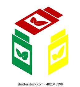 Supplements container sign. Isometric style of red, green and yellow icon.