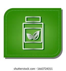 Supplements container sign. Silver gradient line icon with dark green shadow at ecological patched green leaf. Illustration.