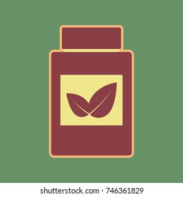 Supplements container sign. Vector. Cordovan icon and mellow apricot halo with light khaki filled space at russian green background.