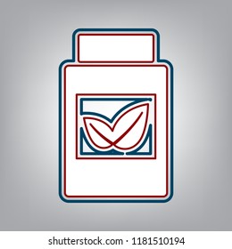 Supplements container sign. Vector. Dark red, transparent and midnight green stroke of white icon at grayish background.