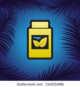 Supplements container sign. Vector. Golden icon with black contour at blue background with branches of palm trees.