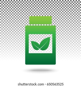 Supplements container sign. Vector. Green gradient icon with shadow at bottom on transparent and white background.