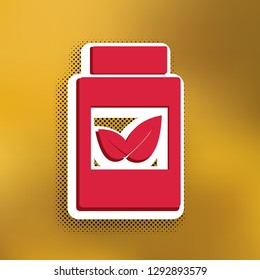 Supplements container sign. Vector. Magenta icon with darker shadow, white sticker and black popart shadow on golden background.