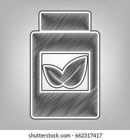 Supplements container sign. Vector. Pencil sketch imitation. Dark gray scribble icon with dark gray outer contour at gray background.
