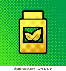 Supplements container sign. Vector. Pop art orange to yellow dots-gradient icon with black contour at greenish background.