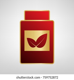 Supplements container sign. Vector. Red icon on gold sticker at light gray background.