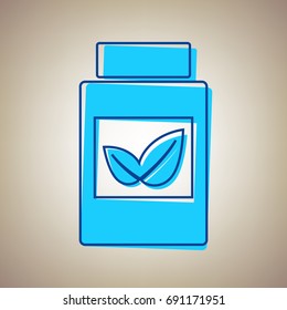 Supplements container sign. Vector. Sky blue icon with defected blue contour on beige background.