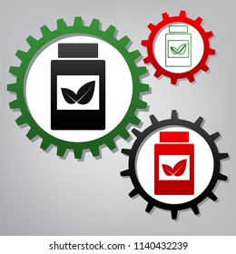 Supplements container sign. Vector. Three connected gears with icons at grayish background.