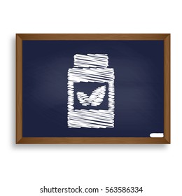 Supplements container sign. White chalk icon on blue school board with shadow as background. Isolated.