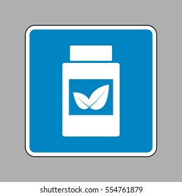 Supplements container sign. White icon on blue sign as background.