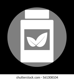 Supplements container sign. White icon in gray circle at black background. Circumscribed circle. Circumcircle.