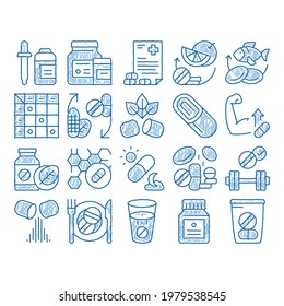 Supplements Elements sketch icon vector. Hand drawn blue doodle line art Pills And Drugs, Plastic Container With Dropper Bio Healthcare Supplements Illustrations
