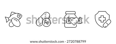 Supplements health icon set, fish oil omega capsules, iron tablet, heart strength jar, immune protection shield medicine illustration.