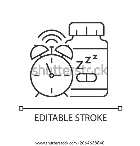 Supplements for insomnia linear icon. Sleep deprivation medication. Pills to fall asleep. Thin line customizable illustration. Contour symbol. Vector isolated outline drawing. Editable stroke