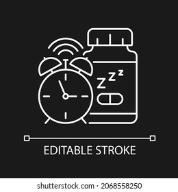 Supplements for insomnia white linear icon for dark theme. Sleep deprivation medication. Thin line customizable illustration. Isolated vector contour symbol for night mode. Editable stroke