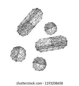Supplements. Isolated vector illustration in low-poly style on a white background. The drawing consists of thin lines and dots. Polygonal image on topics of medicine and health. Tablets and capsules
