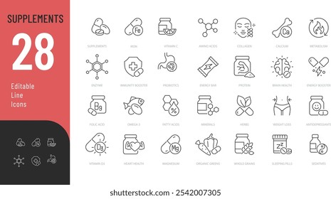 
Suplementos Linha Editável ícones conjunto. Ilustração vetorial no estilo de linha fina moderno de vida saudável ícones relacionados: vitaminas, minerais, aminoácidos e muito mais. 