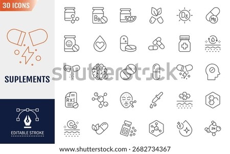 Supplements Line Editable Icons set. Includes vitamins, minerals, amino acids. Vector illustration