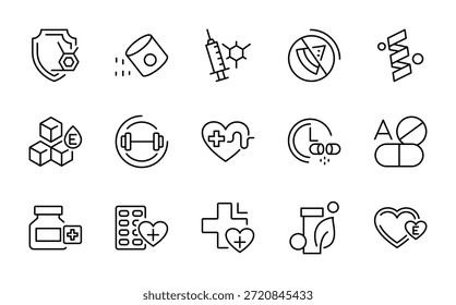 Conjunto de iconos de línea de suplementos. Droplet, suplemento, conciencia, centrifugadora, hueso, médula, plasma, transfusión, Vector de proteínas íconos de línea delgada
