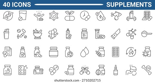 Complementa o conjunto de ícones da linha. Inclui vitamina, suplementos nutricionais, cápsula, proteína, minerais, ervas, probiótico, antioxidante. Traçado editável. Ilustração vetorial