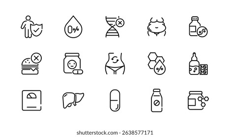 Supplements linear icon set. Fitness, gym, dietary, nutrition, healthy food, detox diet, lifestyle, vitamins, amino acids, natural, herbal, dry, energy outline vector icon set. UI thin line icon pack.