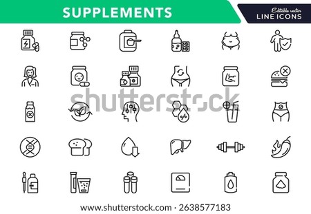 Supplements linear icon set. Fitness, gym, dietary, nutrition, healthy food, detox diet, lifestyle, vitamins, amino acids, natural, herbal, dry, energy outline vector icon set. UI thin line icon pack.